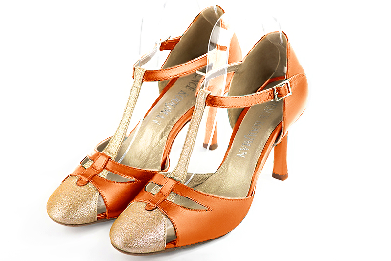 Gold and apricot orange women's T-strap open side shoes. Round toe. High slim heel. Front view - Florence KOOIJMAN